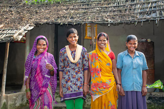 portrait smiling mothers daughters standing outside house village 1647631 33